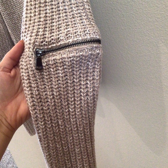 Tan Chunky Knit Sweater with Zipper Elbow Detail - Picture 2 of 5